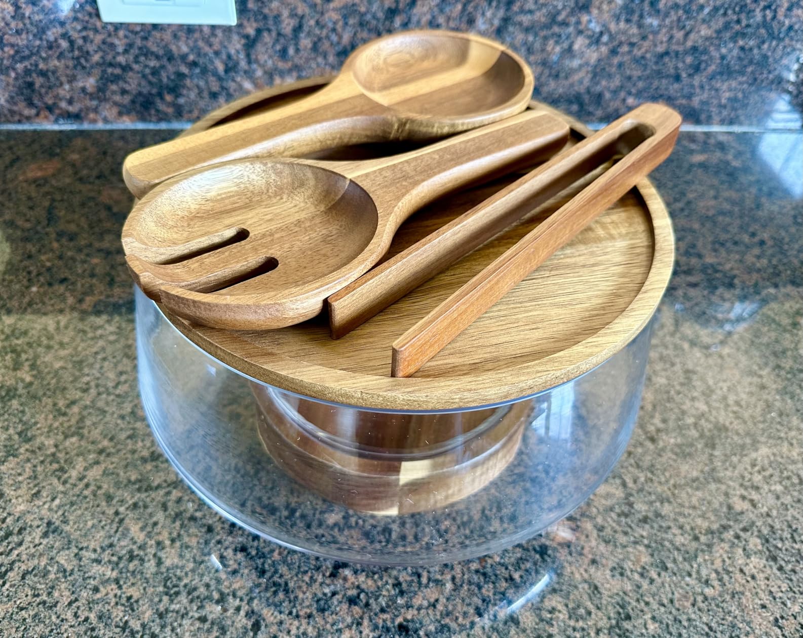 Large Glass Salad Bowl with Lid Set, 5.7 L Decorative Glass Mixing Bowl, Trifle and Serving Bowls with Lids as Cheese Charcuterie Board and Plate, Comes with Wood Serving Utensils customer photo 2