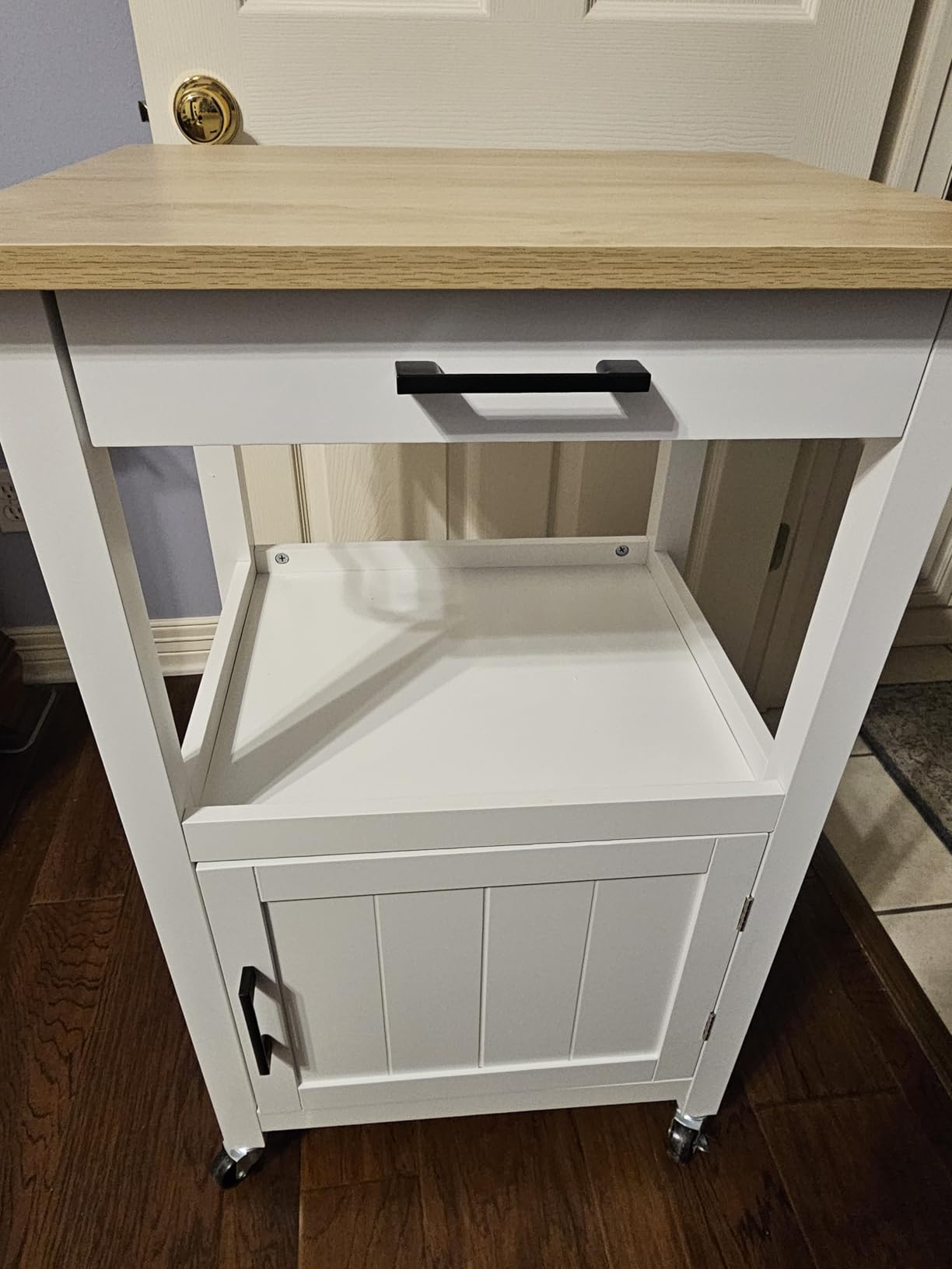 VEVOR Kitchen Island Cart with Single Door Cabinet, Mobile Carts with Drawer, Towel Rack, Hooks, Portable Table on Swivel Wheels, Small Coffee Islands Microwave Stand for Dining Room, 18x23 in, White customer photo 2