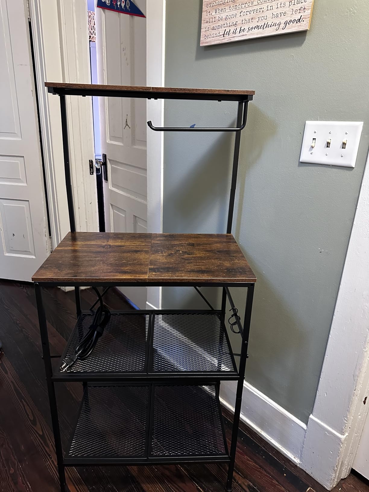 Huuger 4-Tier Bakers Rack with Reversible Power Outlet, 23.6 Inch Microwave Stand, Kitchen Coffee Bar, with Top Shelf, 6 S Hooks, Rustic Brown customer photo 1
