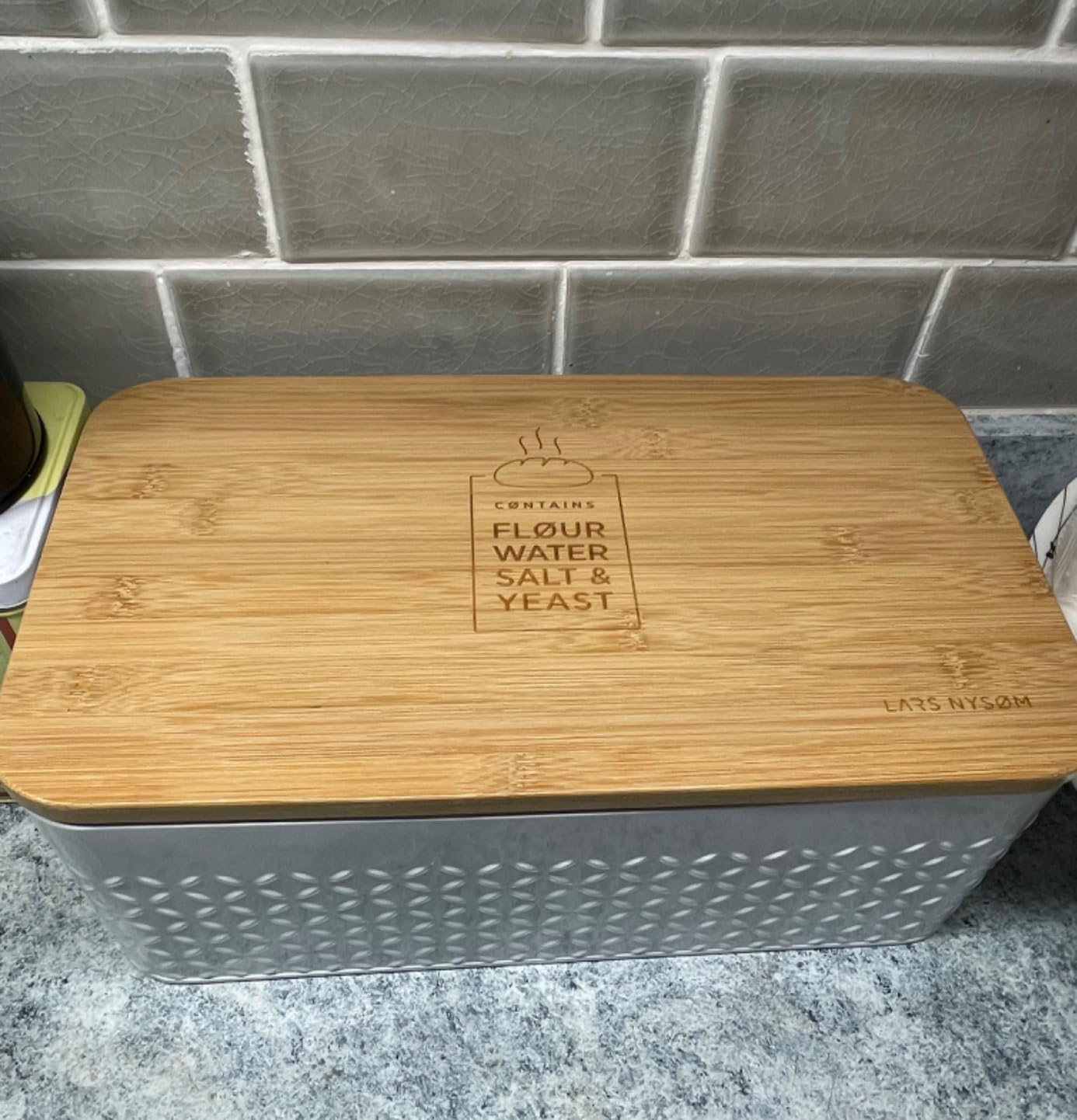 LARS NYSØM Bread Box I Metal bread box for long lasting freshness with non-slip pads I Baked goods Bin with bamboo lid usable as cutting board I 13.6x7.3x6.2in (Sage Green) customer photo 2