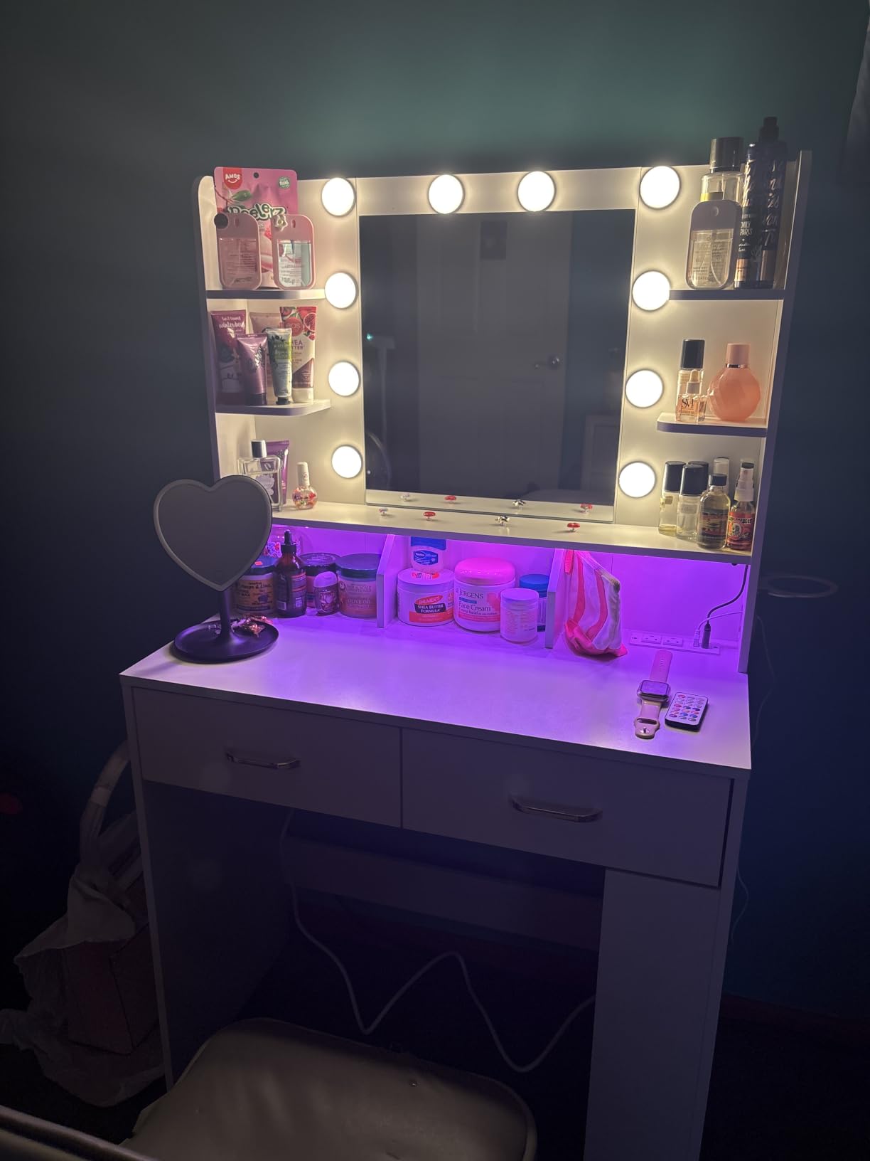 LUCKRACER Vanity Desk with LED Lights Mirror & Charging Station, Makeup Vanity with Storage Drawers and Shelves, Modern Dressing Table for Women Girls Bedroom, Ivory White customer photo 1