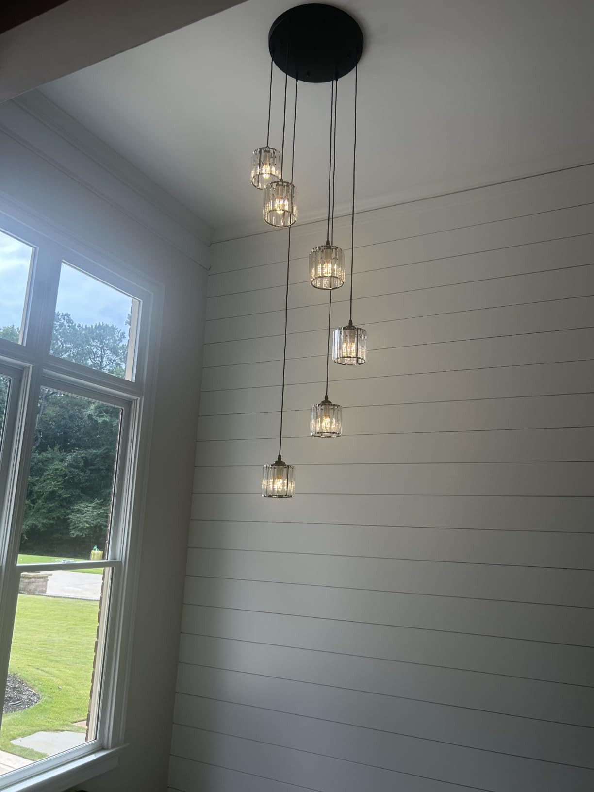 Long Chandeliers for High Ceilings,Modern Crystal Pendant Light,Raindrop Drop Lamp,Hanging Flush Mount Lighting Fixtures for Spiral Staircase,Foyer,Entryway,Living Room,Black (6 Lights) customer photo 1