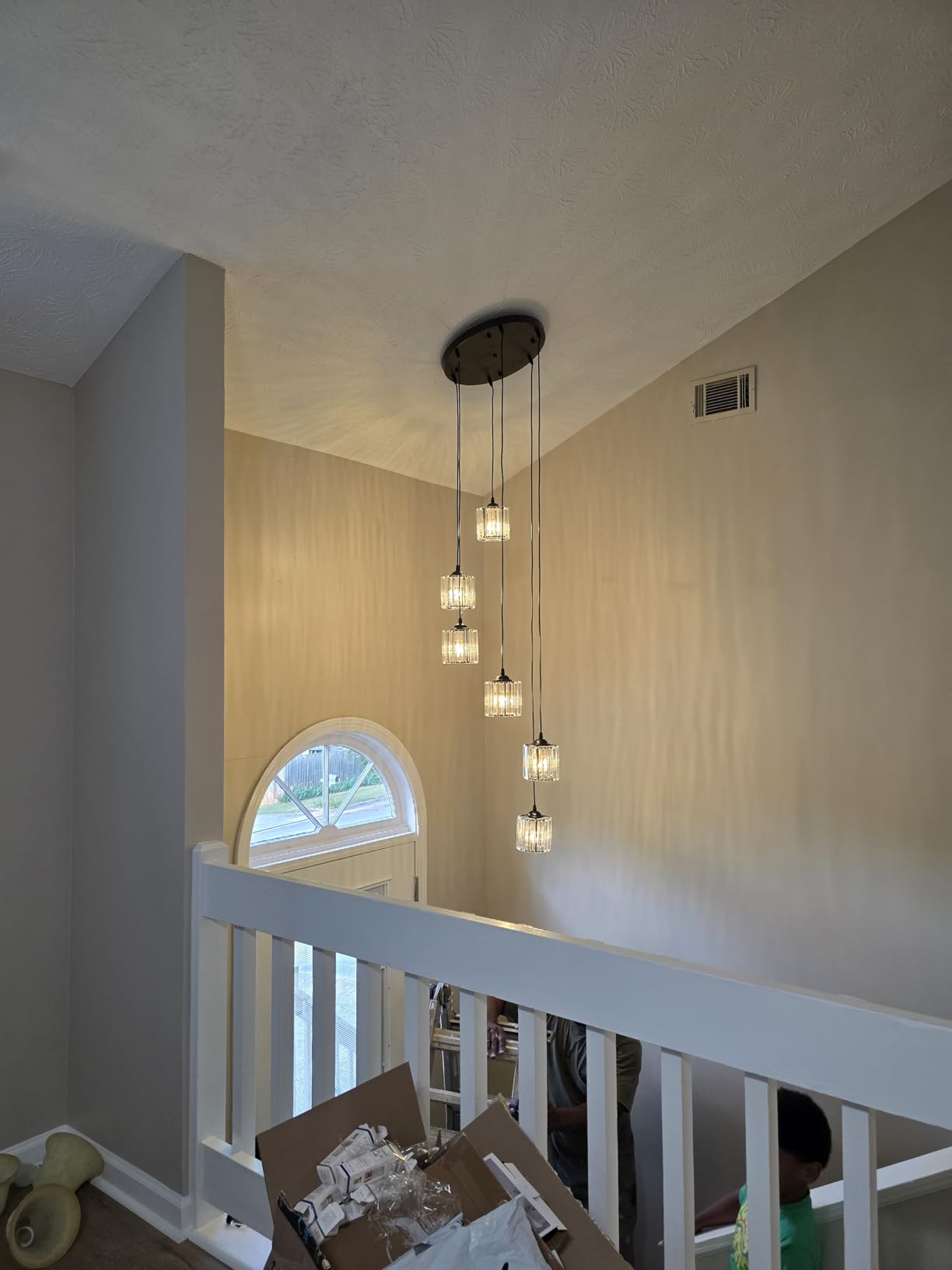 Long Chandeliers for High Ceilings,Modern Crystal Pendant Light,Raindrop Drop Lamp,Hanging Flush Mount Lighting Fixtures for Spiral Staircase,Foyer,Entryway,Living Room,Black (6 Lights) customer photo 2
