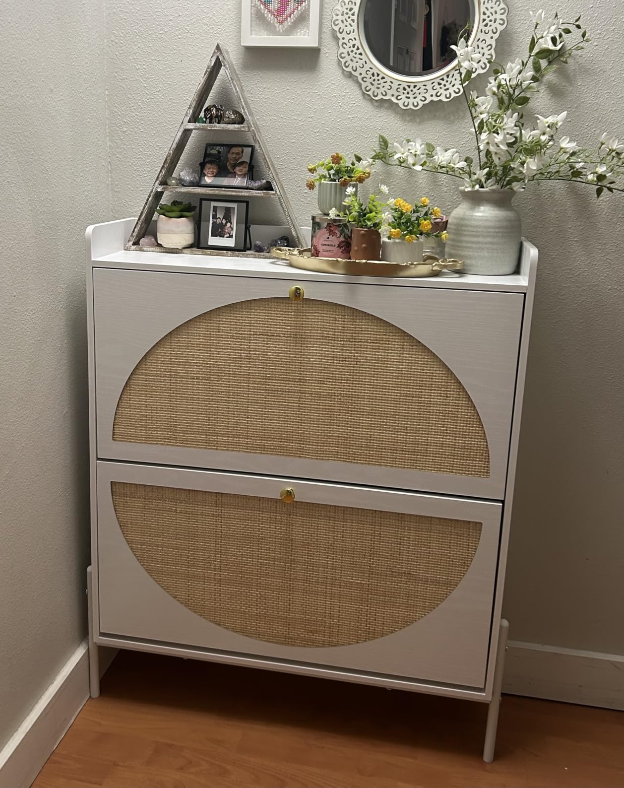 IRONCK Rattan Shoe Cabinet Storage with 2 Flip Drawers, Oak customer photo 1