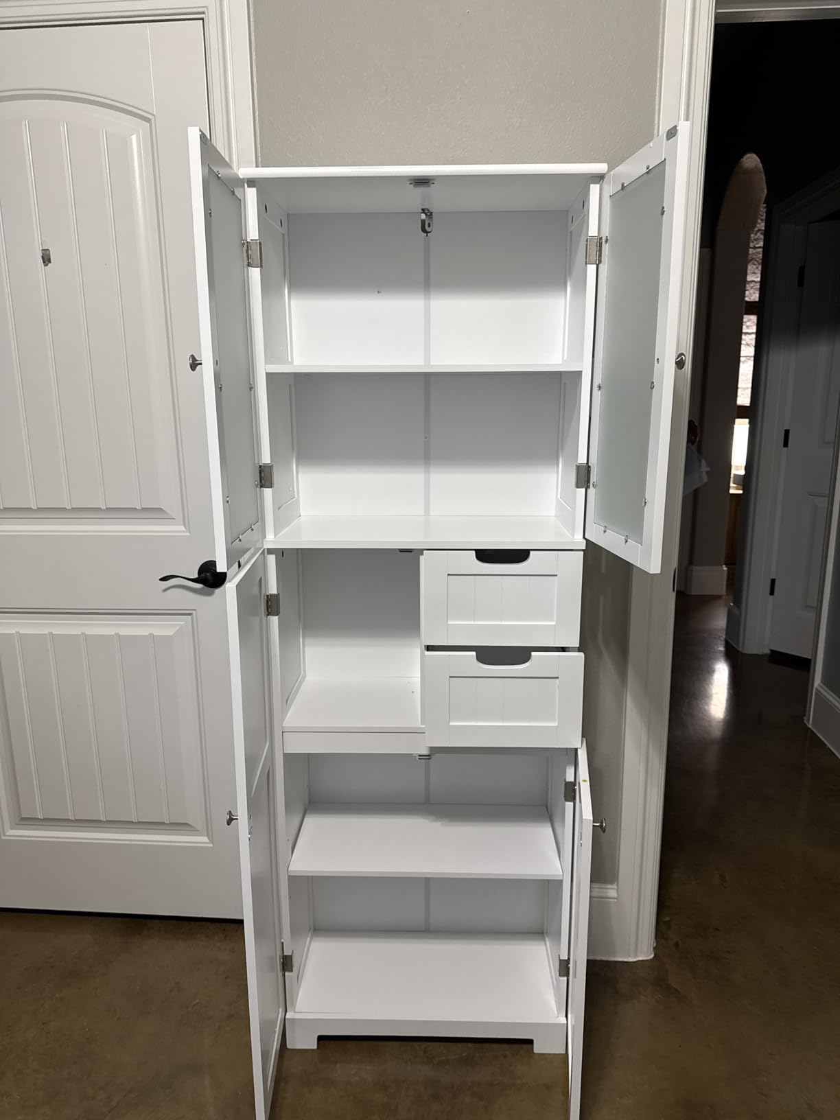 BOTLOG 67'' Tall Bathroom Storage Cabinet, Linen Cabinet with Glass Doors and Adjustable Shelves, Kitchen Pantry with 2 Drawers for Bathroom, Living Room, Dining Room, Blue customer photo 2