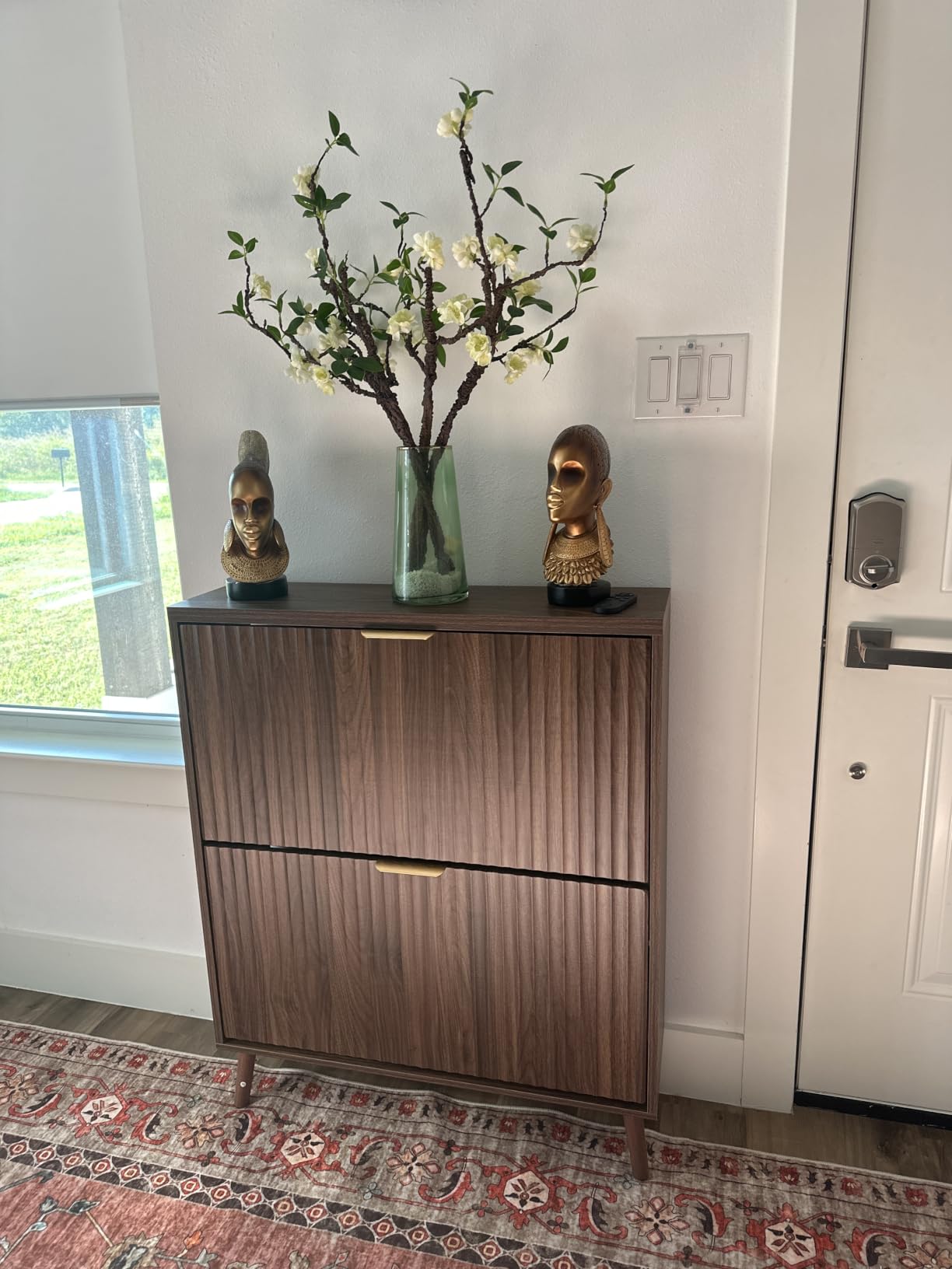 Shoe Cabinet Storage, Modern Freestanding Organizer with 2 Flip Drawers, Narrow Shoe Rack for Entryway, Walnut customer photo 1