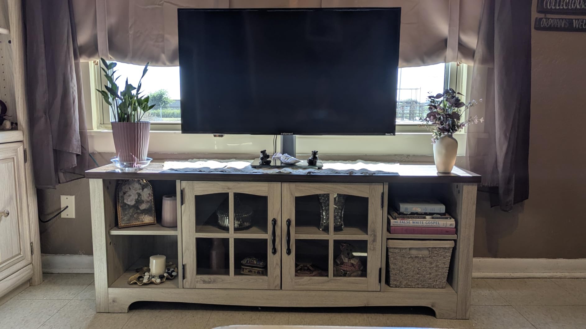 LINSY HOME TV Stand for 75 Inch TV, Modern Farmhouse Entertainment Center with Storage Cabinets and Glass Doors, Tall Media Console Table for Living Room, Bedroom, Large Long Television Stand, Beige customer photo 2