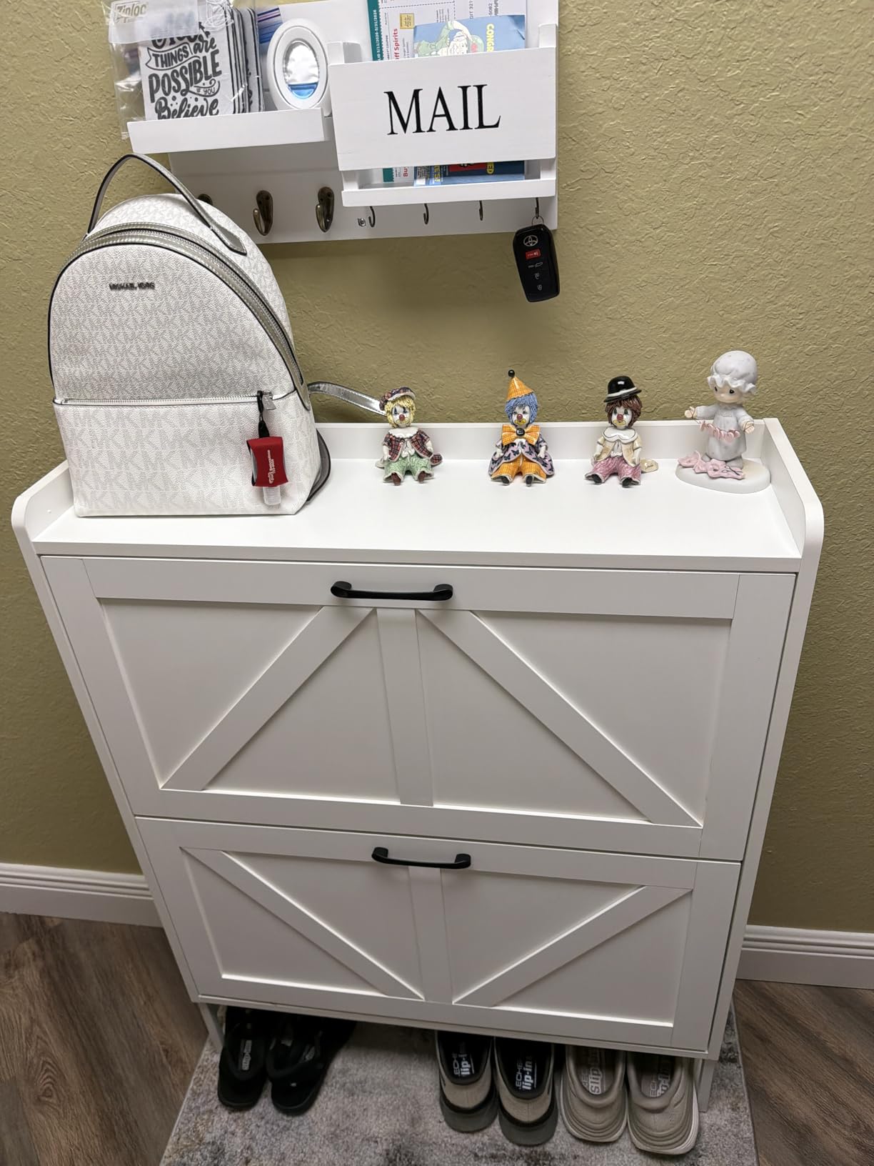 GRUSIGN Shoe Cabinet, Shoe Storage Cabinet with 2 Flip Drawers & Adjustable Shelf, Space-Saving Shoe Organizer – Holds 16+ Pairs, Narrow Shoe Cabinet Storage for Entryway/Hallway（White） customer photo 2