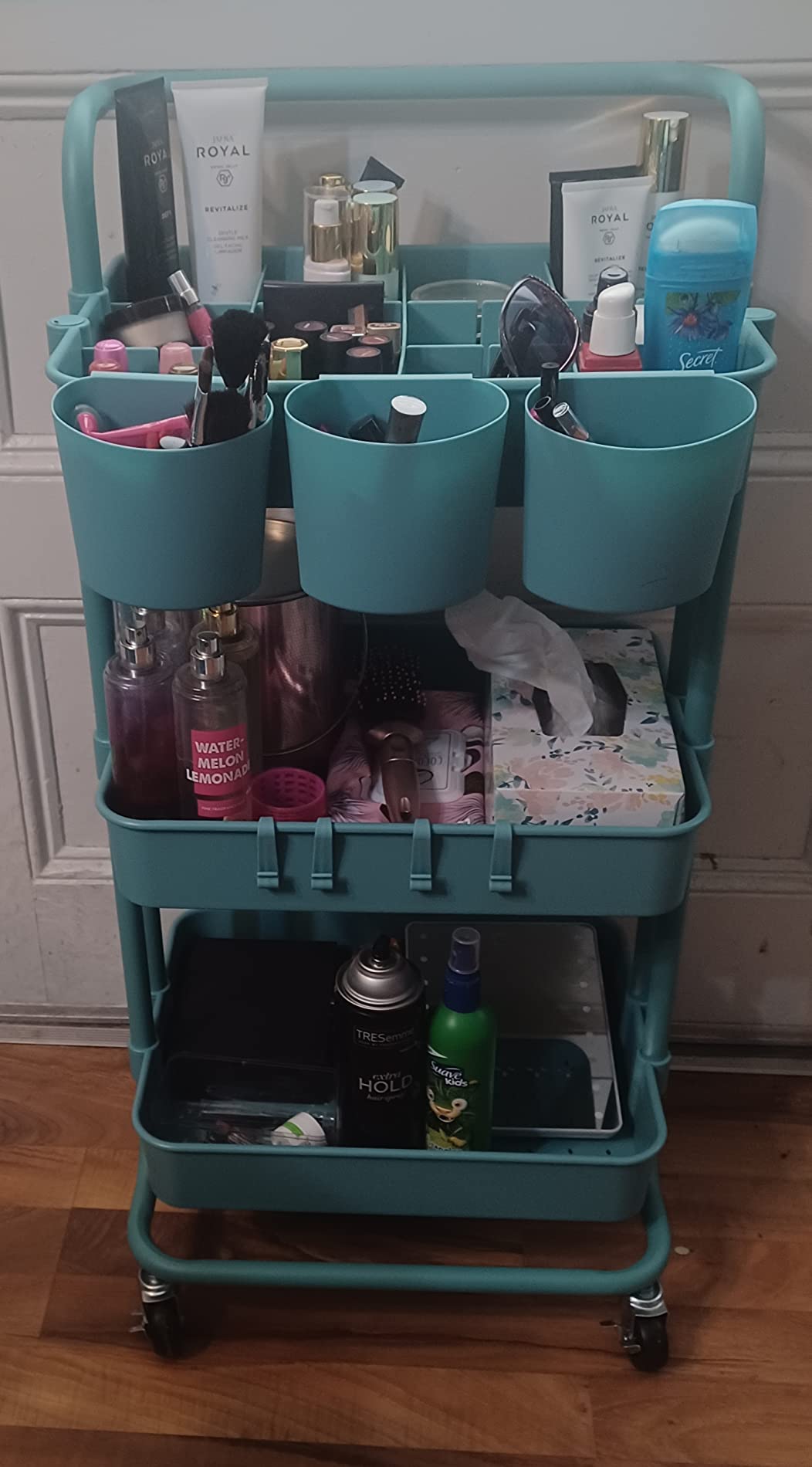 ALVOROG Rolling Storage Cart with 5 Drawers,Pegboards,Wooden Top,Bins,White customer photo 1